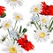 Seamless pattern of poppy flowers with chamomile camomile, leaves, and forget-me-not flowers on white background.
