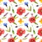 Seamless pattern with poppy, knapweed, harebell. Wildflower illustration.Natural hand drawing background .Great for