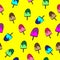 Seamless pattern with popsicle illustration with sprinkle on yellow background. ice cream stick with many flavors. hand drawn vect