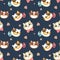 Seamless pattern with portraits of domestic cats of different types on a dark backgroun