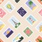 Seamless pattern of postage stamps with world attractions, landscapes, plants. Hand drawn vector illustration