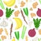 Seamless pattern with prebiotic food. Nutrition. Nondigestible fibers. Gastrointestinal Health. Healthy diet supplement