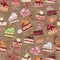 Seamless pattern with pretty cake slices. Different taste and color