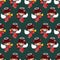 Seamless pattern of pretty Christmas angels with stars and horn, flying on green starry sky.