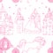 Seamless pattern with prince, princess, castle, carriage with horse and butterflies. Fairy tale theme.