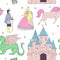 Seamless pattern with prince, princess, castle, dragon, fairy, horse. Fairy tale theme. Isolated objects.