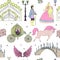 Seamless pattern with prince, princess, gate, unicorn, lantern, chest, bridge and angel wings. Fairy tale theme.