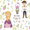 Seamless pattern with princess Cinderella, prince, watch, mouse and lettering