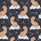 Seamless pattern, print, cute beige baby dinosaur on a cloud on a blue background with stars. Textiles, decor for kids bedroom.