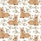 Seamless pattern, print, cute fawns and branches with leaves. Pastel colors. Children\\\'s bedroom decor, textiles
