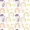 Seamless pattern, print of doodles, drawn cute multicolored rainbows, clouds and houses. Textiles, decor for kids bedroom.