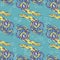 Seamless pattern, print, drawn cute octopuses in soft blue water with bubbles. Underwater life. Design for textiles, covers