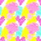 Seamless pattern with a print of pink hearts and colored yellow, blue spots in a doodle style.