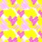 Seamless pattern with print of pink hearts and colored yellow spots in doodle style.