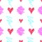 Seamless pattern with a print of red hearts and colored pink, blue, lines of spots in a doodle style.