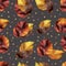 Seamless pattern print yellow and red leaves on gray background with dots