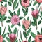 Seamless pattern with protea flowers, buds and leaves. Decorative holiday floral background.