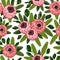 Seamless pattern with protea flowers and leaves. Decorative holiday floral background.