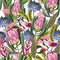 Seamless pattern with protea, tropical flowers and birds . Trendy floral vector print.