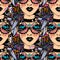 Seamless pattern of psychedelic beautiful woman in striped decor, crazy style with geometric glasses, vibrant and trippy