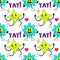 Seamless pattern with psychedelic characters. Trendy vector print. Abstract design of cartoon stickers. Trend vector