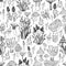 Seamless pattern with psychedelic mushroom, black and white color. Monochrome hallucinogenic fantasy mushrooms background. Each