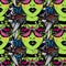 Seamless pattern of psychedelic woman in striped decor, crazy style with modern geometric glasses, vibrant and trippy.