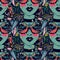 Seamless pattern of psychedelic woman in striped decor, crazy style with modern geometric glasses, vibrant and trippy.