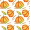 Seamless pattern with pumpkin, corn, ears of wheat. Harvest elements for holiday Thanksgiving, Kwanzaa. Autumn clip art