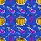 Seamless pattern with pumpkin and eggplant with geometric forms in the style of pop art close-up. Graphic illustration with a