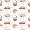 Seamless pattern with pumpkin pies, muffins, donuts and croissants. Sweet autumn desserts