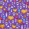 Seamless pattern with pumpkin, skull and mushrooms on color very peri