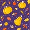 Seamless pattern with pumpkins berries and leaves on purple - cartoon background for autumn textile or wrapping paper design