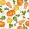 Seamless pattern with pumpkins. Decorative ornament from vegetables and leaves