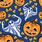 Seamless pattern with a pumpkins, ghosts and candies.