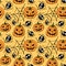 Seamless pattern with pumpkins, Jack lanterns, cute spiders, cobwebs. Vector backgrounds and textures for Halloween. Hand drawn