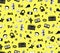 Seamless pattern. Punk rock music on yellow background. Doodle style elements, emblems, badges, logo and icons.