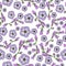 Seamless pattern with purple flowers of two types, single flowers and small twigs