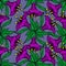 seamless pattern of purple large exotic flowers with a black outline on a blue background