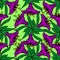 seamless pattern of purple large exotic flowers with a black outline on a green background