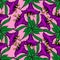 seamless pattern of purple large exotic flowers with a black outline on a pink b