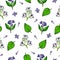 Seamless pattern with purple lilac flowers and white jasmine flowers and green leaves on a white background.