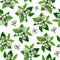 Seamless pattern with purple lilac flowers and white jasmine flowers and green leaves on a white background.