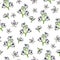 Seamless pattern with purple lilac flowers and white jasmine flowers and green leaves on a white background.