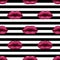 Seamless pattern purple lips on striped background