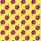 Seamless pattern of purple megaphones on yellow background isolated, pink loudspeakers art backdrop, violet loudhailers ornament