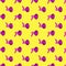 Seamless pattern of purple megaphones on yellow background isolated, pink loudspeakers art backdrop, violet loudhailers ornament