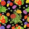 Seamless pattern with Purslane, Nasturtium, Gerber, Daisy flower on black background