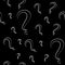 Seamless pattern with question marks. Different sizes. Black marks with white stroke on black background. Vector illustration