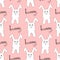 Seamless pattern rabbit and lettering Bunny. Light red background. Hand drawing. Vector illustration. Cartoon style.